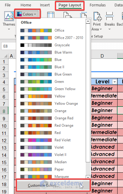 Customize colors to make Excel tables look better