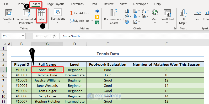 creating an excel table