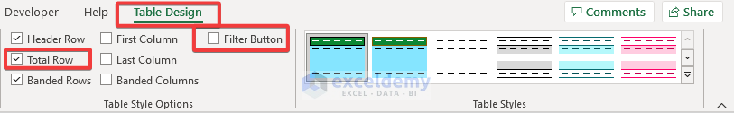 Add a Total Row and Turn the Filter Button Off to give Excel tables a better look