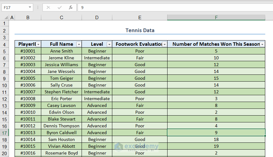 a sample Excel table