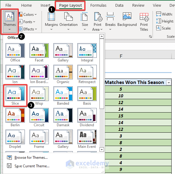 choosing a suitable good looking tables theme from the Page Layout tab in Excel