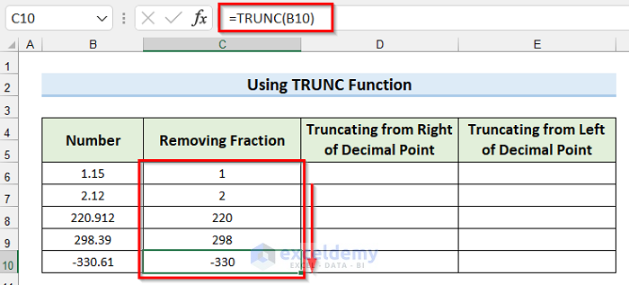Truncating Fraction by Using TRUNC Function in Excel