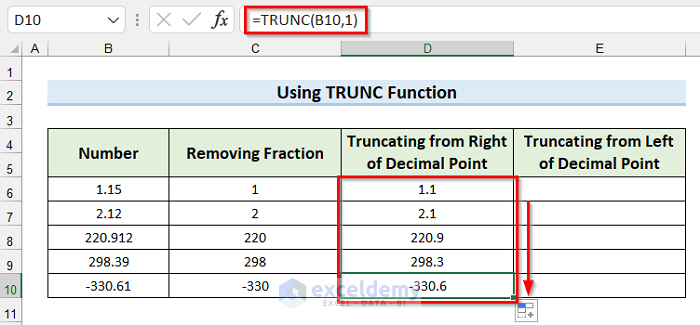 Truncating Number from the Right Side of Decimal Point by Using TRUNC function from All Types of Round Function in Excel