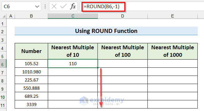 Rounding a number to nearest multiple of 10 by applying ROUND function from All Types of Round Functions in Excel