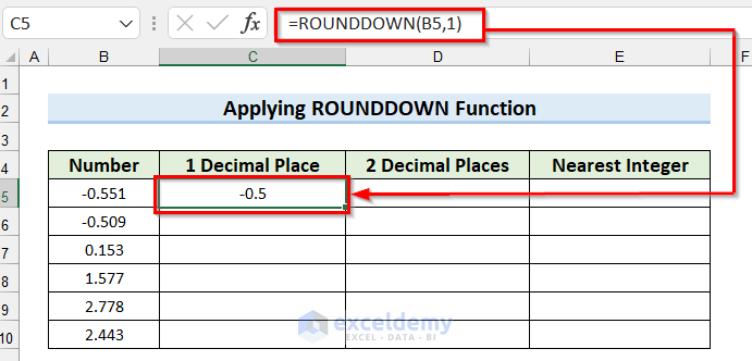 Using ROUNDDOWN Function from All Types of Round Functions in Excel to Round Down a number to 1 Decimal Place
