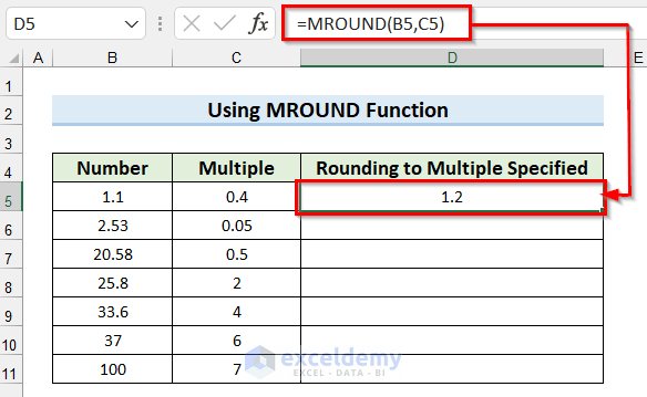 Rounding a Number to Multiple Specified by Using MROUND Function from All Types of Round Function in Excel