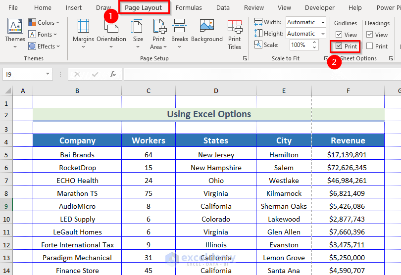 Using Page Layout tab to Print Excel Spreadsheet with Lines