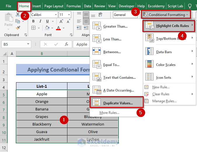 Applying Conditional Formatting to Compare Two Columns in Excel for Finding Differences