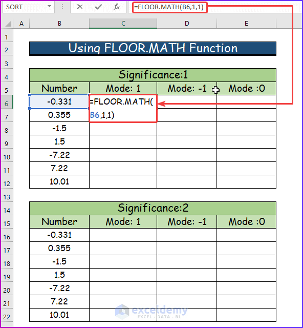 Using FLOOR.MATH Function for Significance 1 in Excel