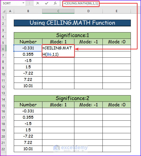 Using CEILING.MATH Function for Significance 1 in Excel