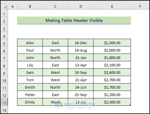 make table header visible to Reference a Table with Excel VBA 