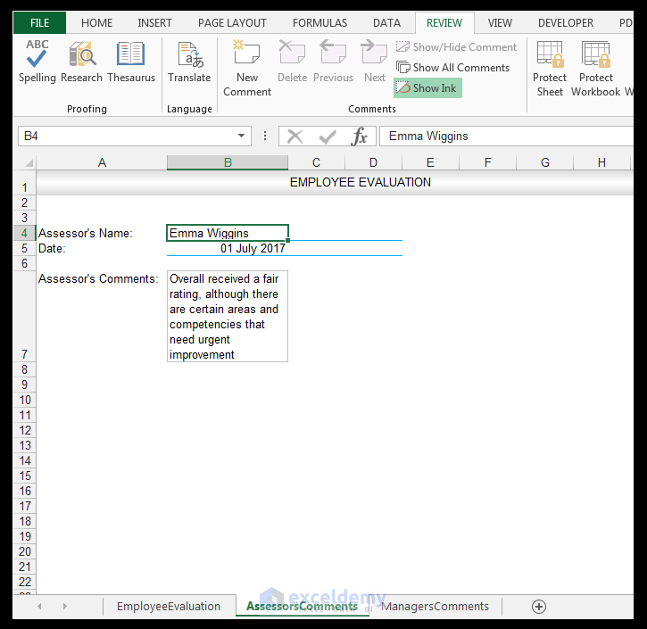 Excel Review Tab, Employee Evaluation Data