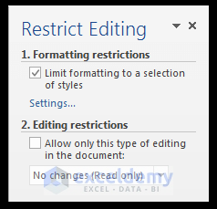 Restrict Editing Dialog Box