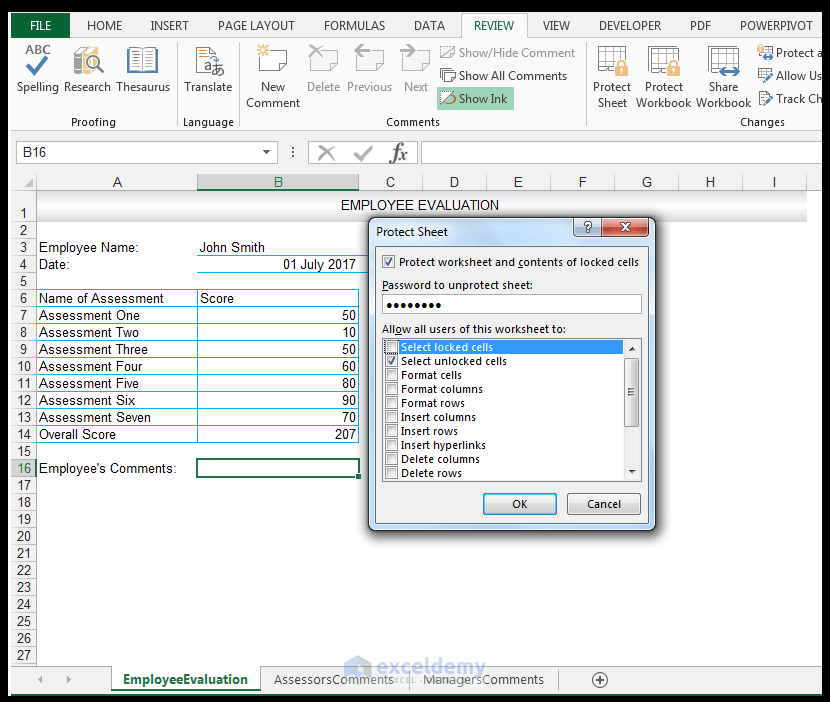 Excel Protect Sheet Dialog, Select unlocked cells option