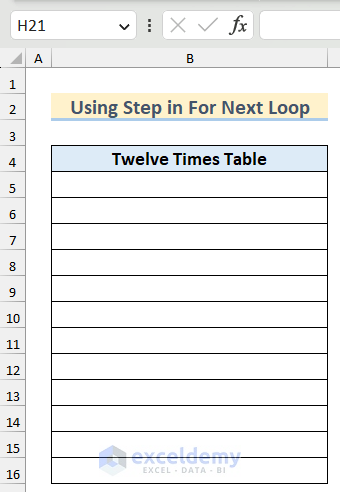 Dataset to Create Twelve Times Table in Excel