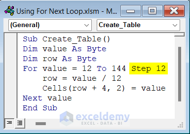 Code Create Twelve Times Table Using Step in For Next Loop