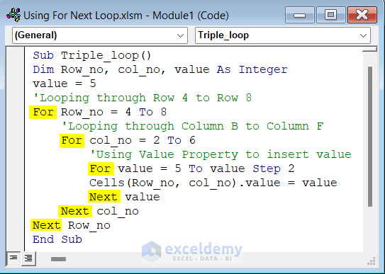 Code to loop through cell range using For Next loop thrice