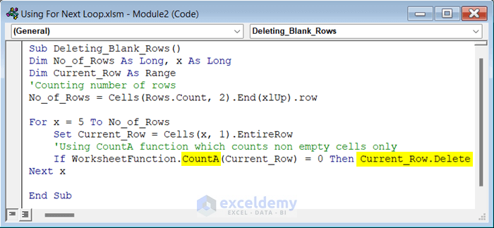 Code to Delete Blank Rows Using VBA Function with For Next Loop in Excel