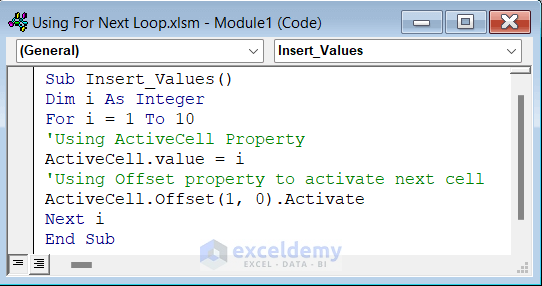 Code to insert values in active worksheet using For Next loop