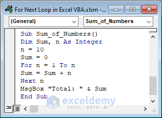Get sum of 1st 10 integers from applying Excel VBA code