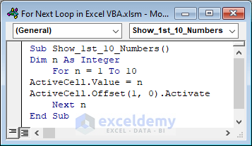 Put a VBA macro based on For Next loop to get 1st 10 integers