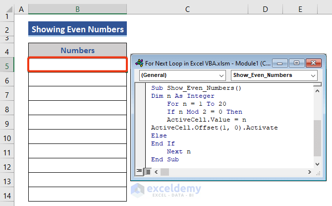 VBA code of For Next loop for Even numbers