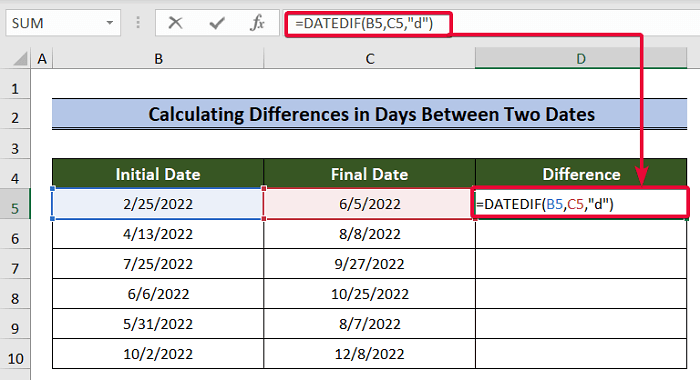inserting formula to use datedif function in excel