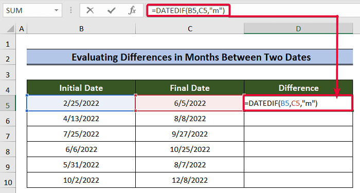 typing formula to use datedif function in excel