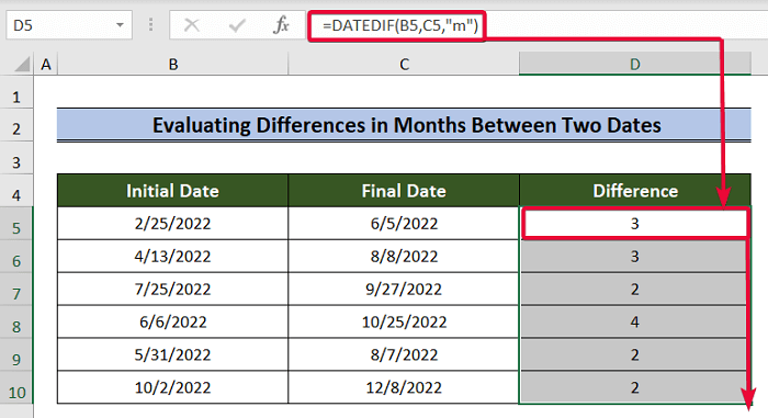 evaluating difference in months to use datedif function in excel