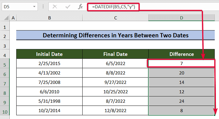 determining differences in years to use datedif function in excel