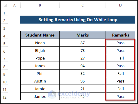 Providing Remarks Using Do-While Loop in Excel VBA
