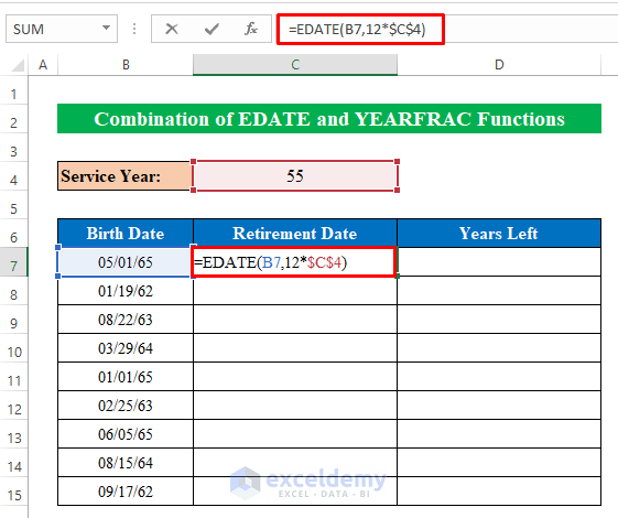 Combine EDATE and YEARFRAC Functions to Determine Retirement Date