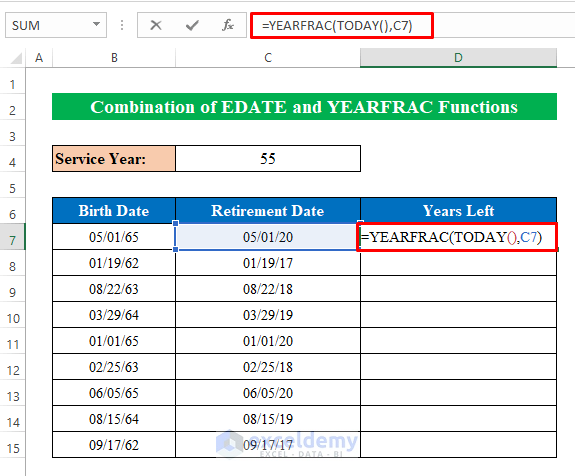 Combine EDATE and YEARFRAC Functions to Determine Retirement Date