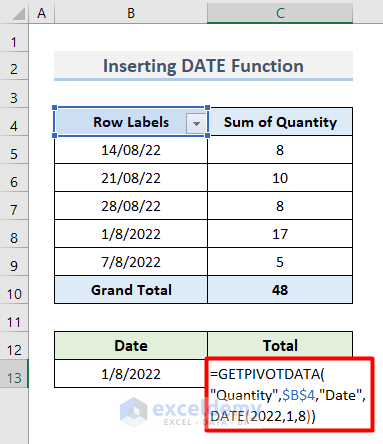 Insert Dates for GETPIVOTDATA Function in Excel