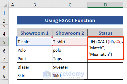 Compare two columns using Excel EXACT function