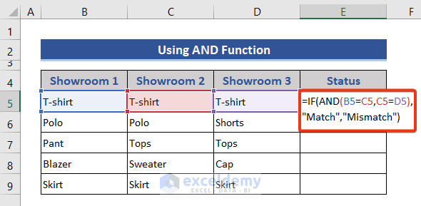 Compare more that two columns with Excel AND function