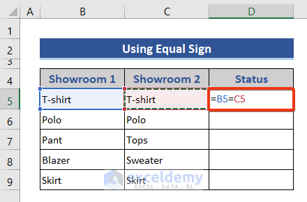 Compare two columns using equal operator in Excel
