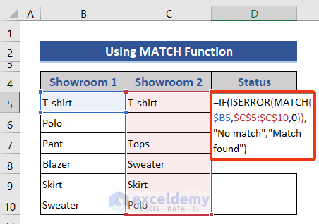 Compare Two Columns Using MATCH Function in Excel