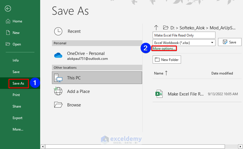 Save newly the existing file for Read only on Excel