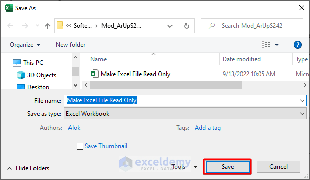 Select new location in File Explorer for the read only file