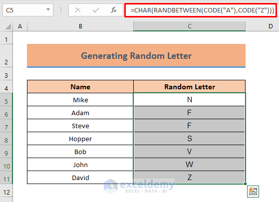 Generate Random Letter in Excel