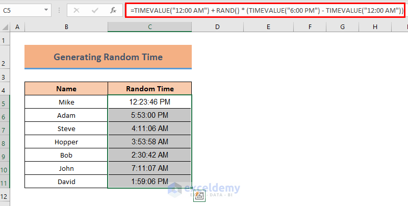 Generate Random Time in Excel