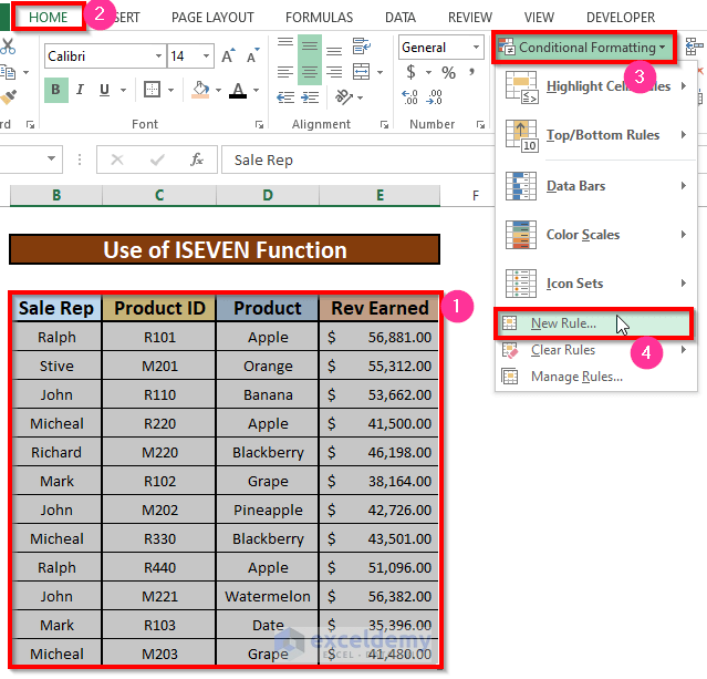 Apply ISEVEN Function to Highlight Every Even Rows