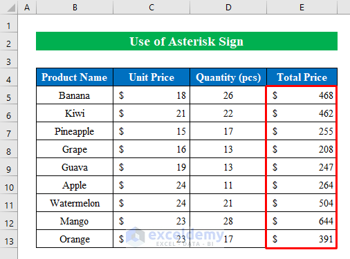 Use Asterisk Sign to Multiply Cells in Excel