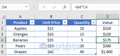 multiply columns in Excel