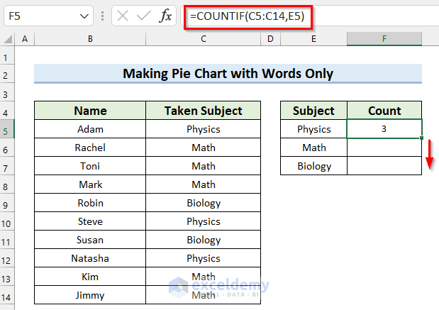 Dragging Fill Handle to Copy Formula to Make a Pie Chart in Excel