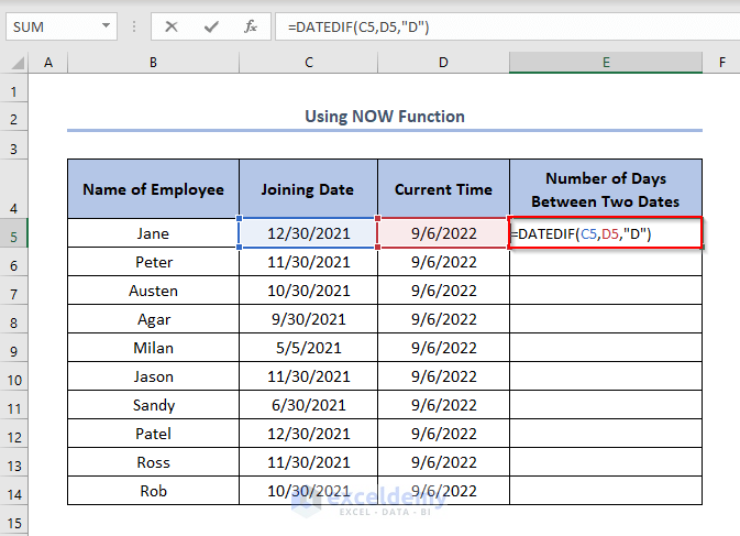Using NOW Function to Calculate Number of Days between Two Dates in Excel