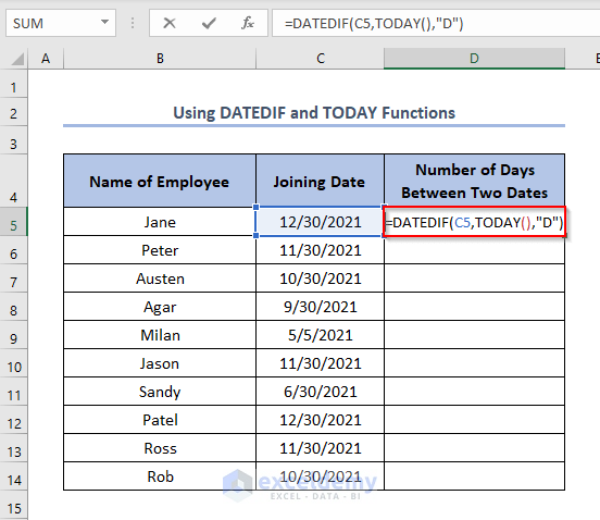 Applying DATEDIF and TODAY Functions to Calculate Number of Days between Two Dates in Excel