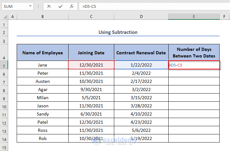 Using Subtraction Directly to Calculate Number of Days between Two Dates in Excel