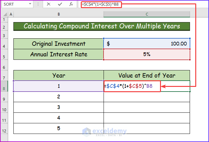 Calculating Compound Interest Over Multiple Years in Excel